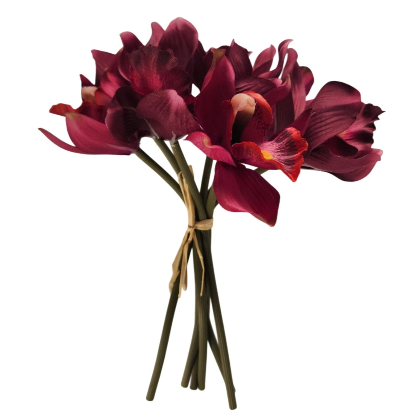 Burgundy Cymbidium Orchid Artificial Flowers 7 Stem Bundle, Faux Orchid Wedding Flowers, DIY Corsage Boutonniere Supply