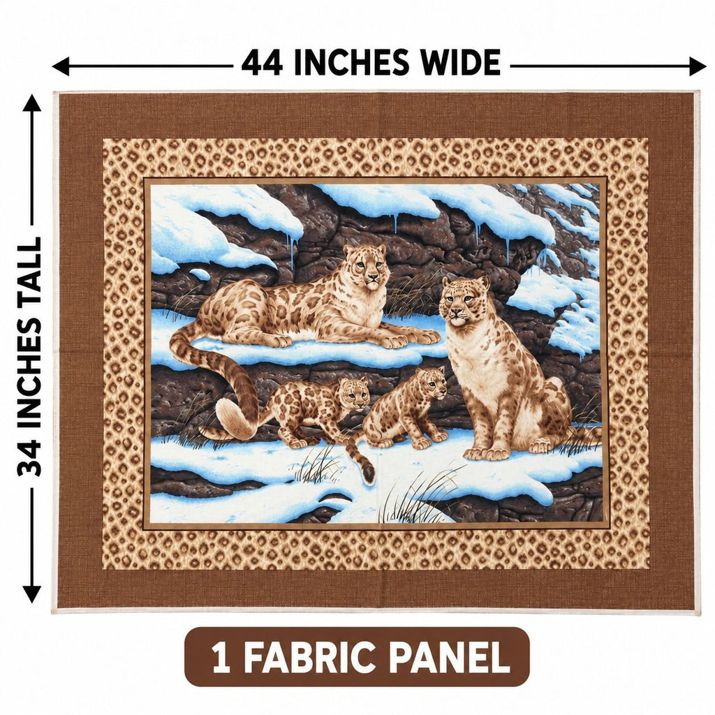 Vintage Cranston VIP Snow Leopard Fabric Panel, 34x44 Cotton Quilt Center