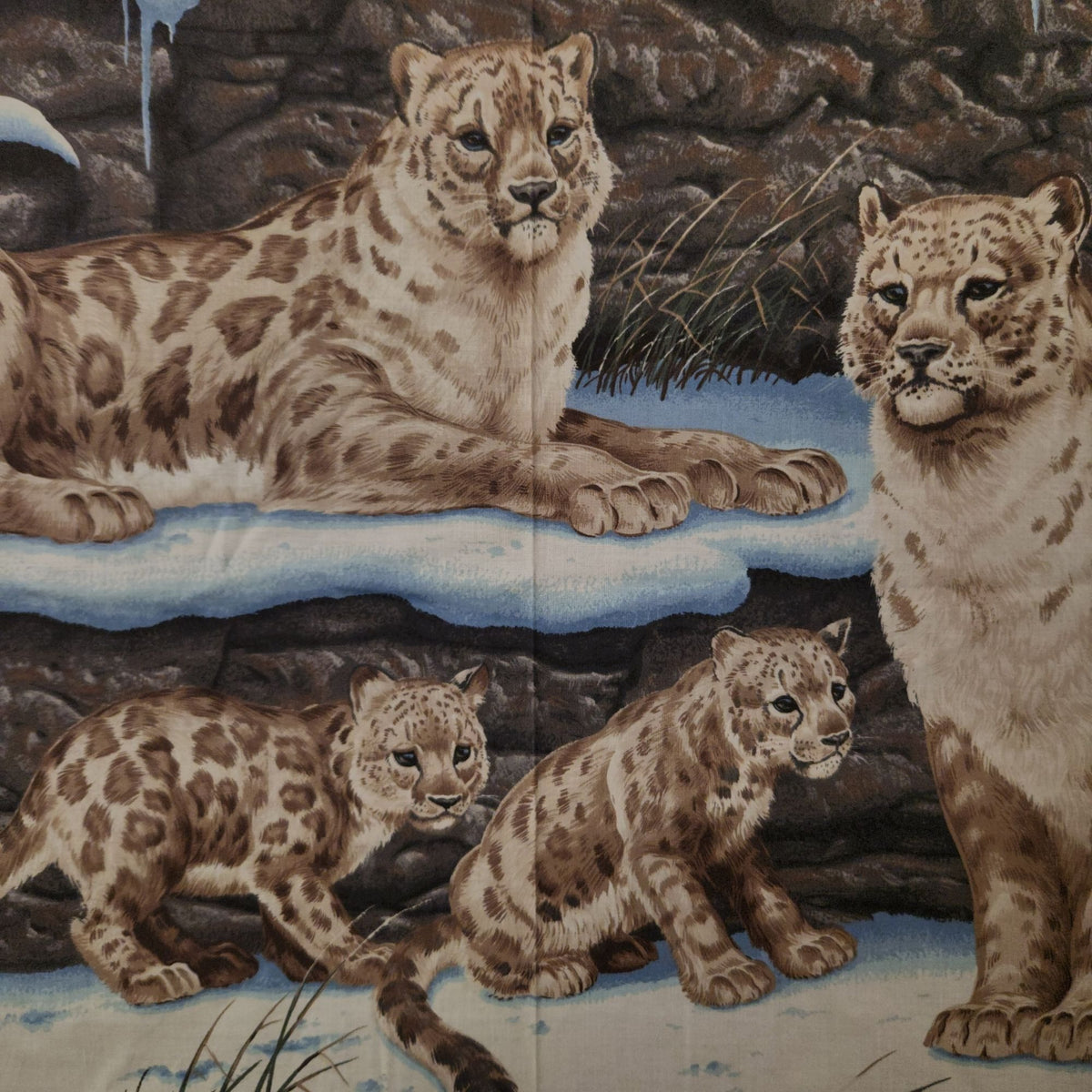 Vintage Cranston VIP Snow Leopard Fabric Panel, 34x44 Cotton Quilt Center