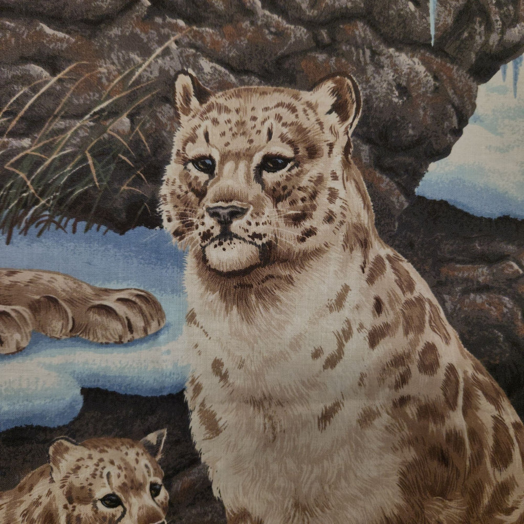 Vintage Cranston VIP Snow Leopard Fabric Panel, 34x44 Cotton Quilt Center