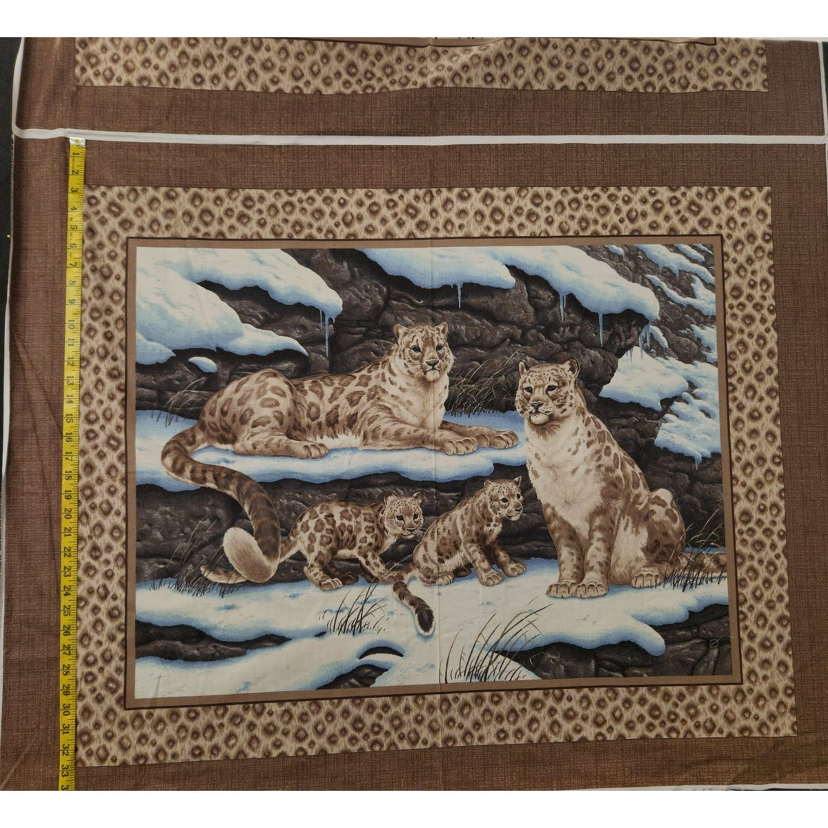 Vintage Cranston VIP Snow Leopard Fabric Panel, 34x44 Cotton Quilt Center