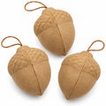 Three acorn-shaped hanging ornaments made of textured tan felt with small brown hanging loops, shown on a plain white background.