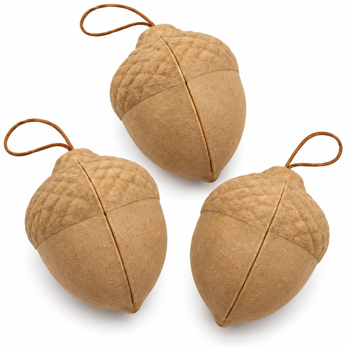 Three acorn-shaped hanging ornaments made of textured tan felt with small brown hanging loops, shown on a plain white background.