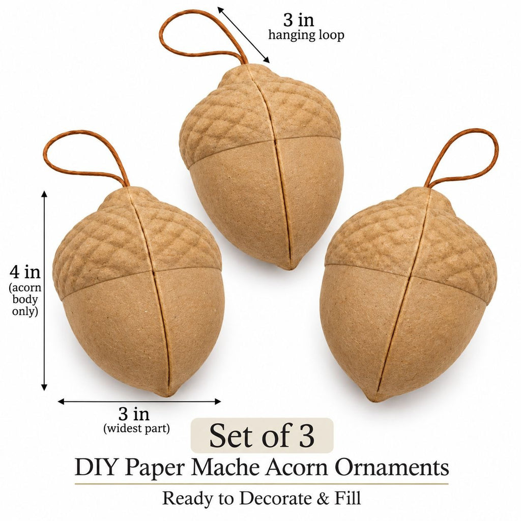 Three tan paper mache acorn ornaments with hanging loops, shown on a white background with measurement arrows and text indicating dimensions and that this is a set of 3 DIY paper mache acorn ornaments ready to decorate and fill.