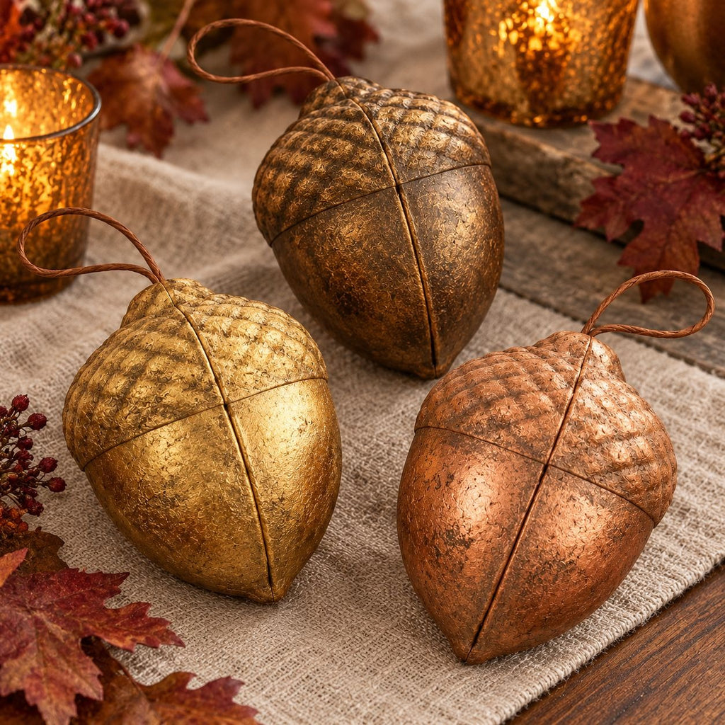 Three metallic acorn-shaped ornaments in gold, bronze, and copper tones arranged on a burlap runner with autumn leaves and lit amber candles in the background.
