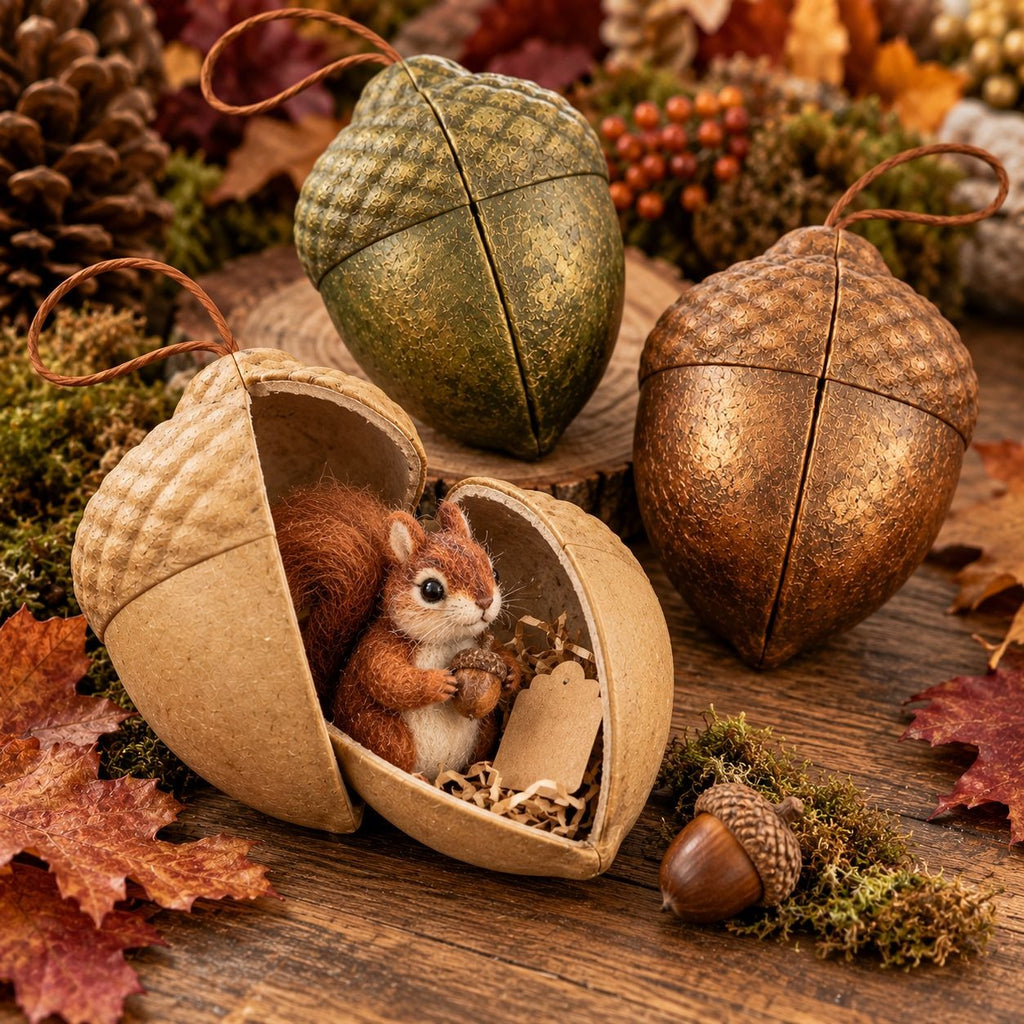 Three acorn-shaped decorative ornaments arranged on a rustic wooden surface with autumn leaves, moss, pinecones, and a small squirrel figurine inside one ornament.