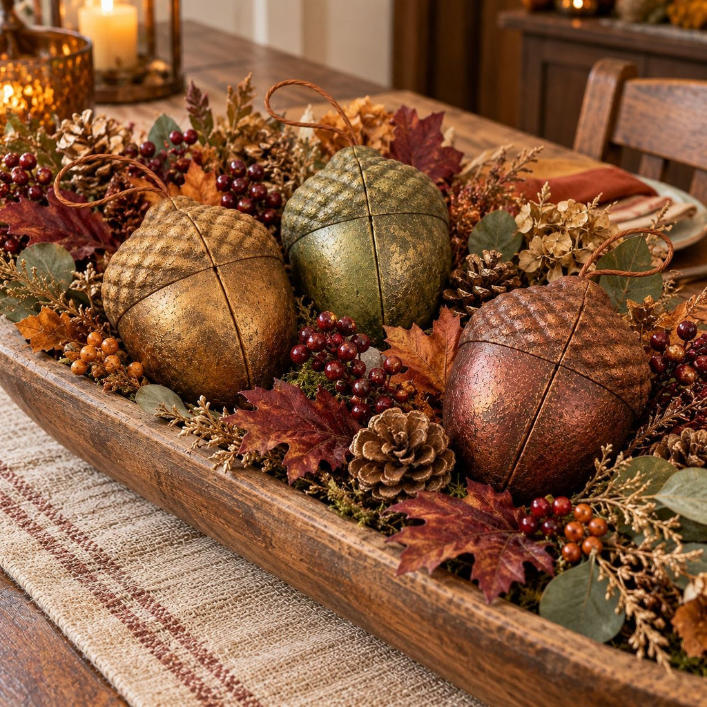 Three decorative acorn-shaped ornaments in textured metallic finishes of gold, olive green, and copper, arranged in a rustic wooden tray with autumn leaves, pinecones, and berries on a dining table.