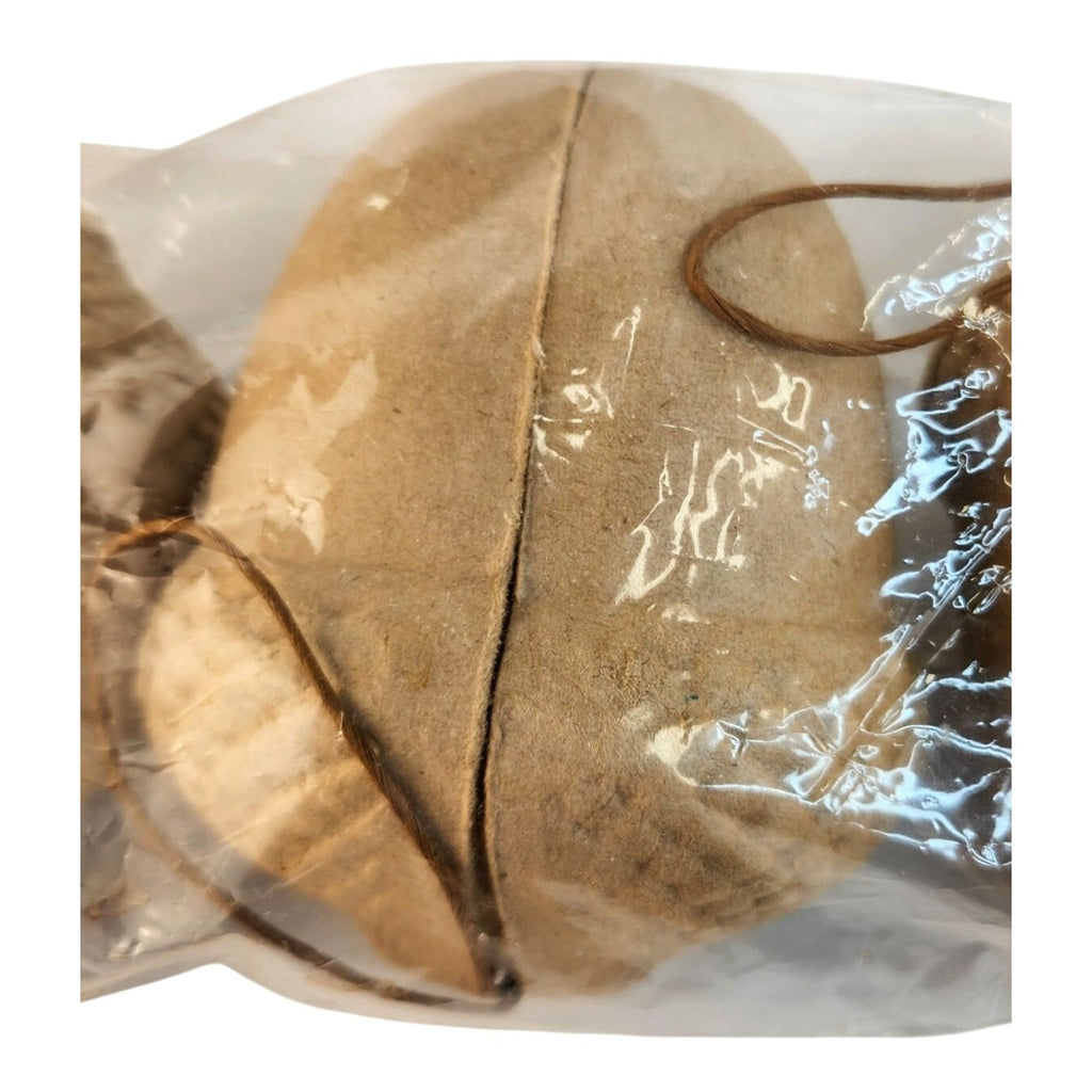 A small tan suede or suede-like pouch with a visible seam and thin brown cord, sealed inside a clear plastic bag against a white background.
