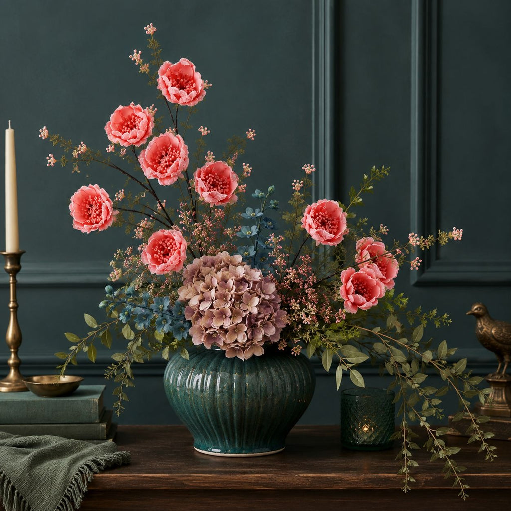 A floral arrangement in a ribbed teal-green ceramic vase, featuring pink peonies, a large dusty lavender hydrangea, and green foliage, styled on a dark wooden mantel against a dark teal paneled wall.