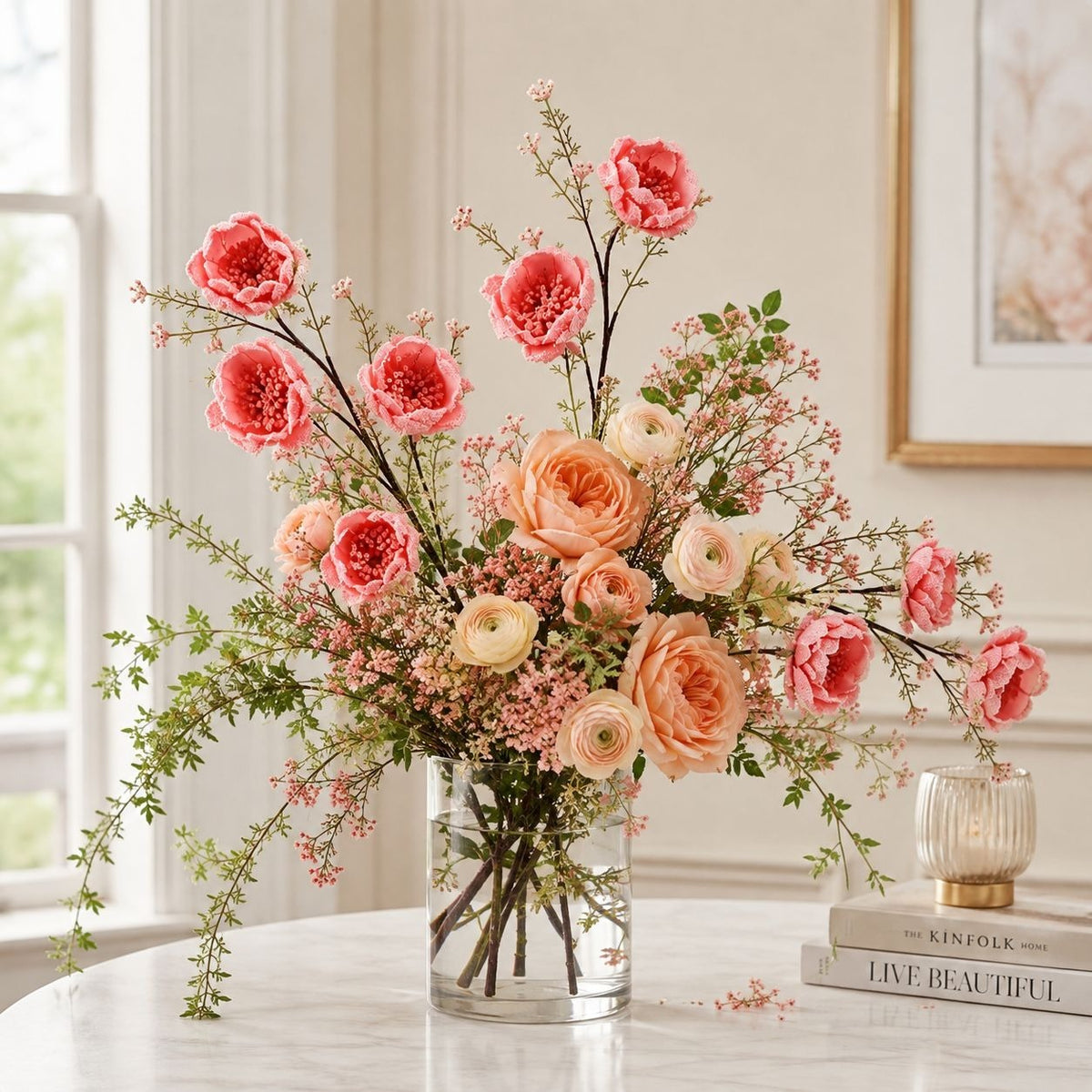 A large floral arrangement in a clear glass vase on a white marble table, featuring pink and peach roses, ranunculus, baby's breath, and green foliage, styled in a bright, elegant room.