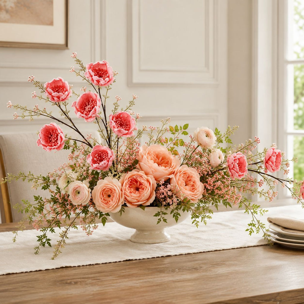 A floral centerpiece arrangement in a white bowl vase, featuring pink and peach roses with green foliage, displayed on a wooden table runner in a bright dining room.
