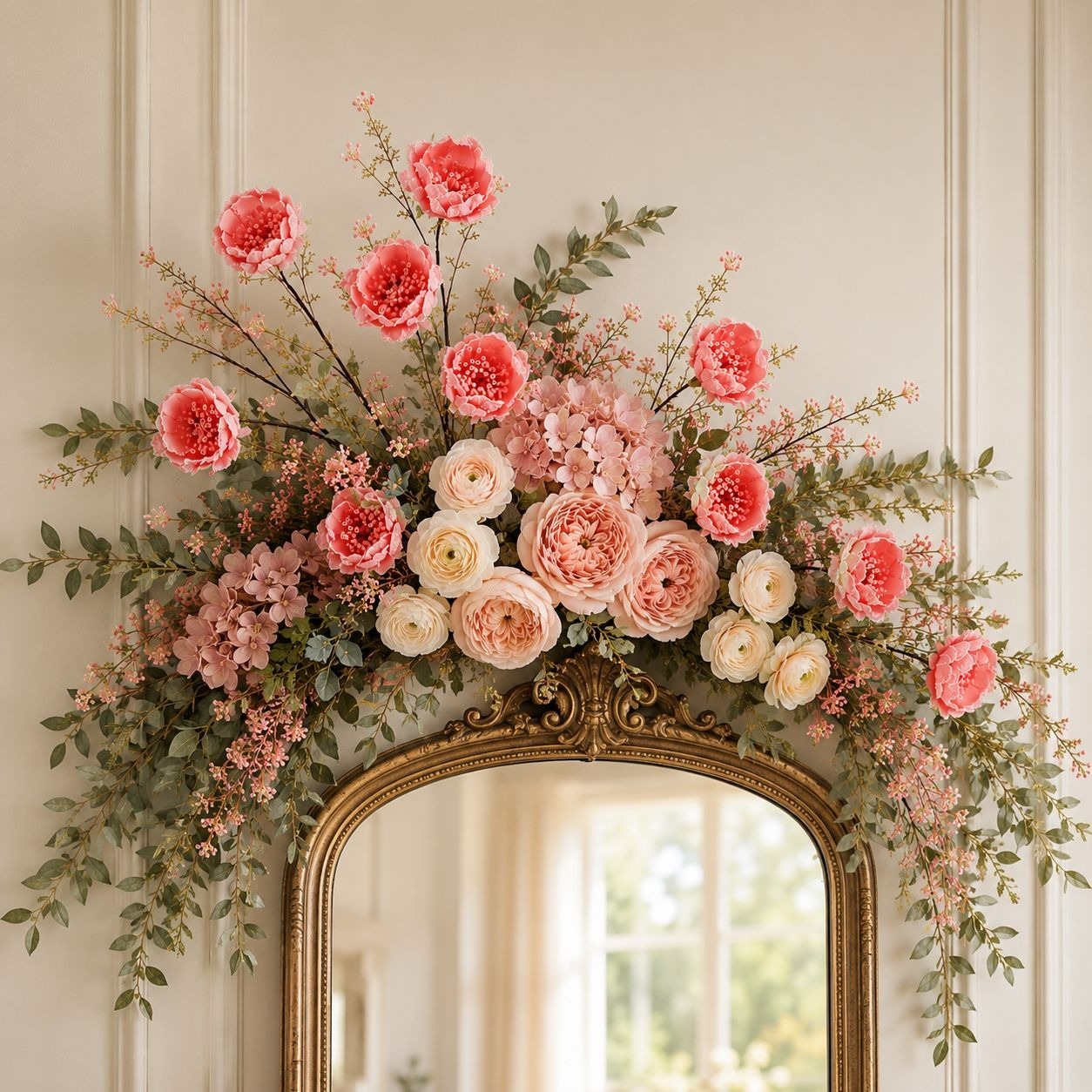 A large floral arrangement in shades of pink, coral, cream, and green, draped over an ornate gold-framed mirror against a cream paneled wall.
