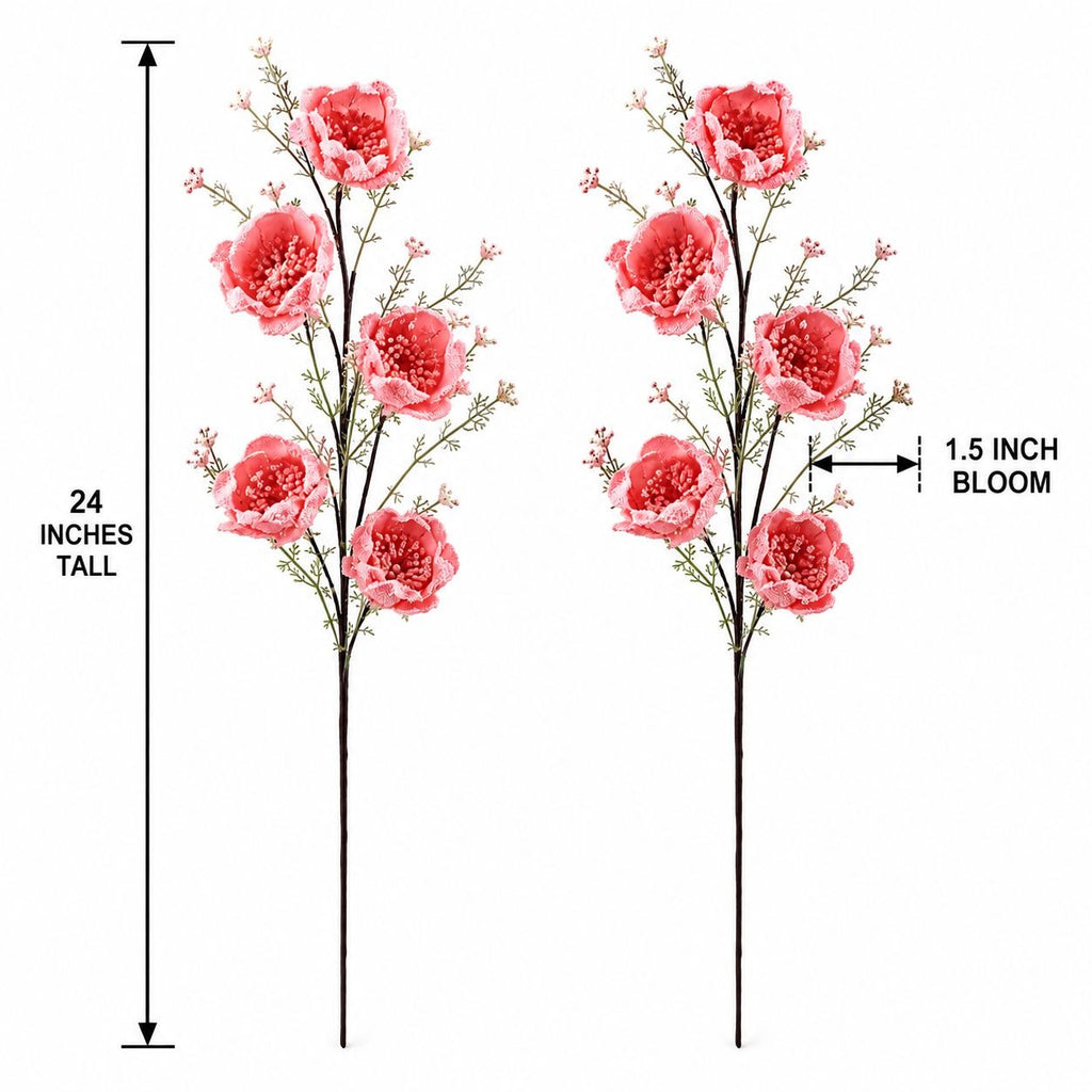 Two artificial pink flower stems shown on a white background with measurement labels indicating 24 inches tall and 1.5 inch bloom width.