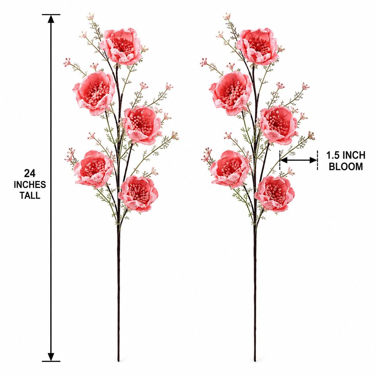 Two artificial pink flower stems shown on a white background with measurement labels indicating 24 inches tall and 1.5 inch bloom width.