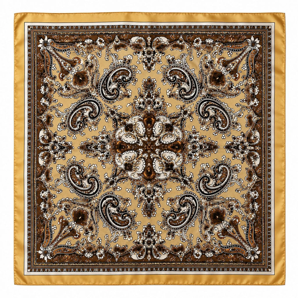 Gold Brown Paisley Wild Rag Scarf 35x35 Satin Western Cowgirl Cowboy Bandana