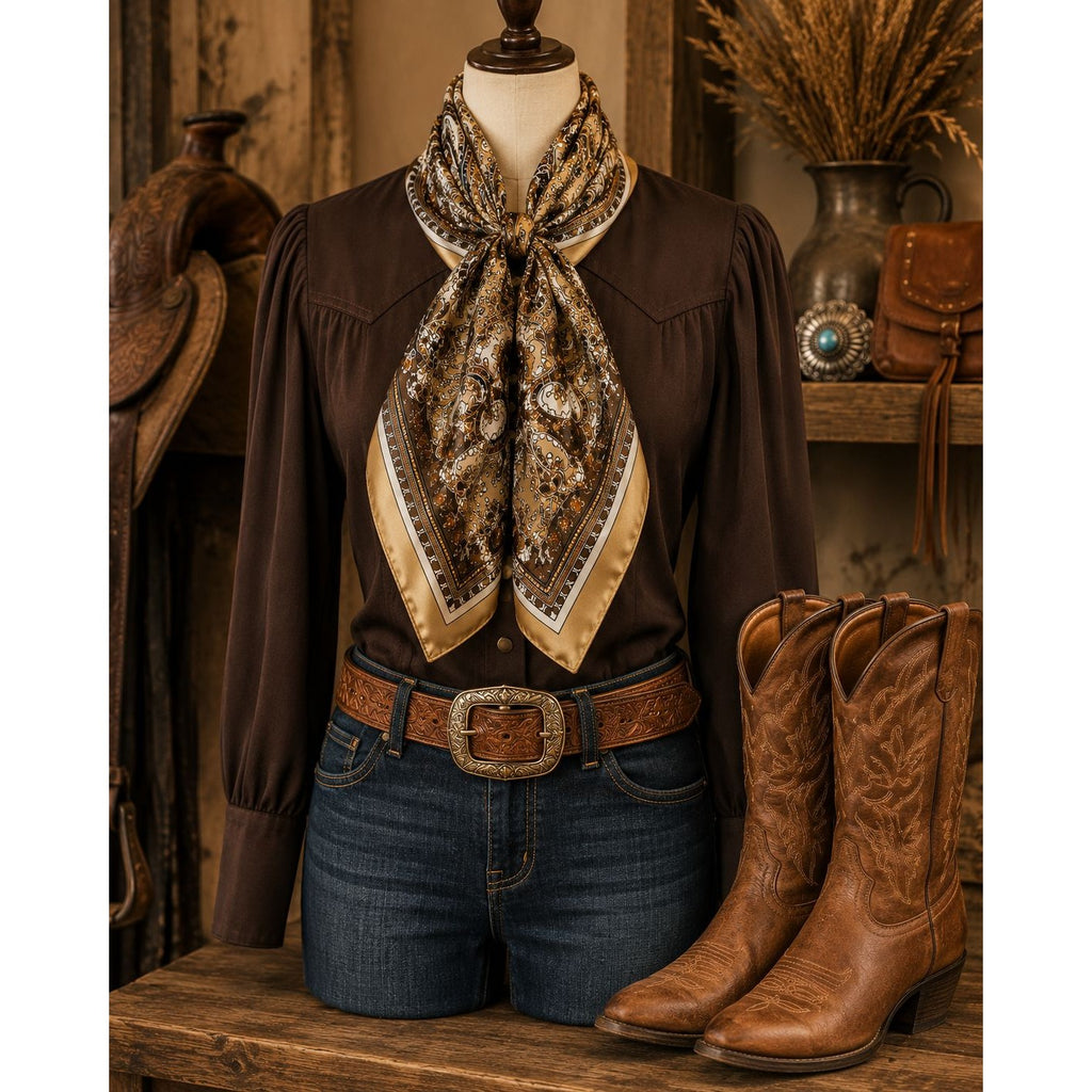 Gold Brown Paisley Wild Rag Scarf 35x35 Satin Western Cowgirl Cowboy Bandana