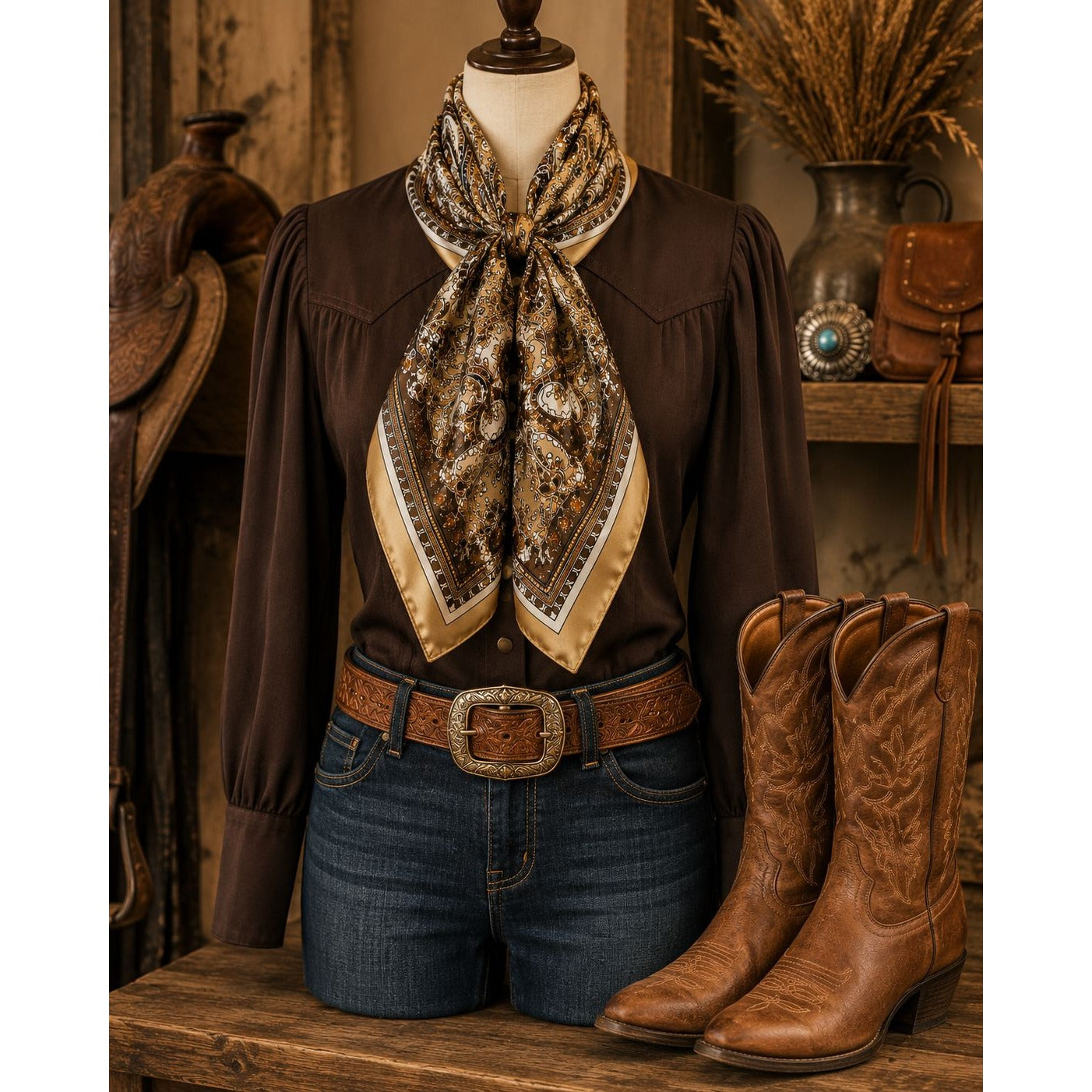 Gold Brown Paisley Wild Rag Scarf 35x35 Satin Western Cowgirl Cowboy Bandana