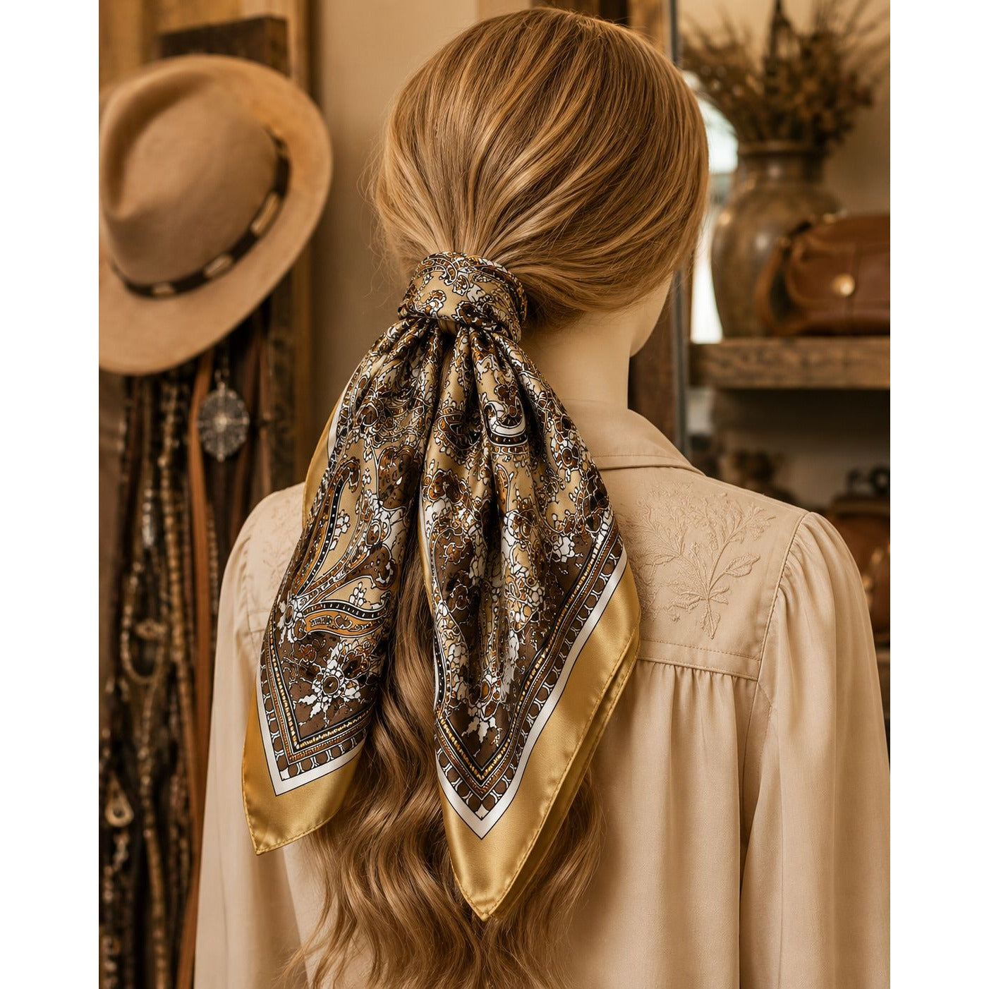 Gold Brown Paisley Wild Rag Scarf 35x35 Satin Western Cowgirl Cowboy Bandana