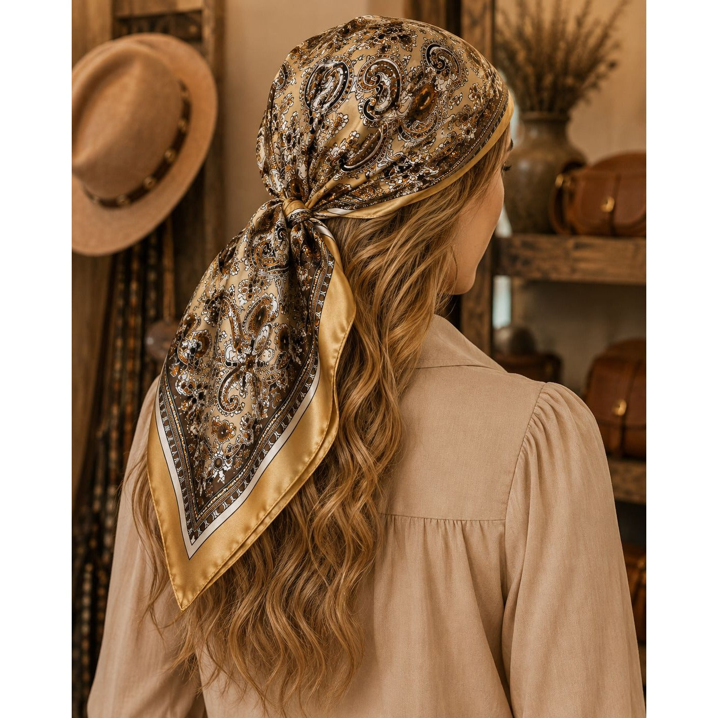 Gold Brown Paisley Wild Rag Scarf 35x35 Satin Western Cowgirl Cowboy Bandana