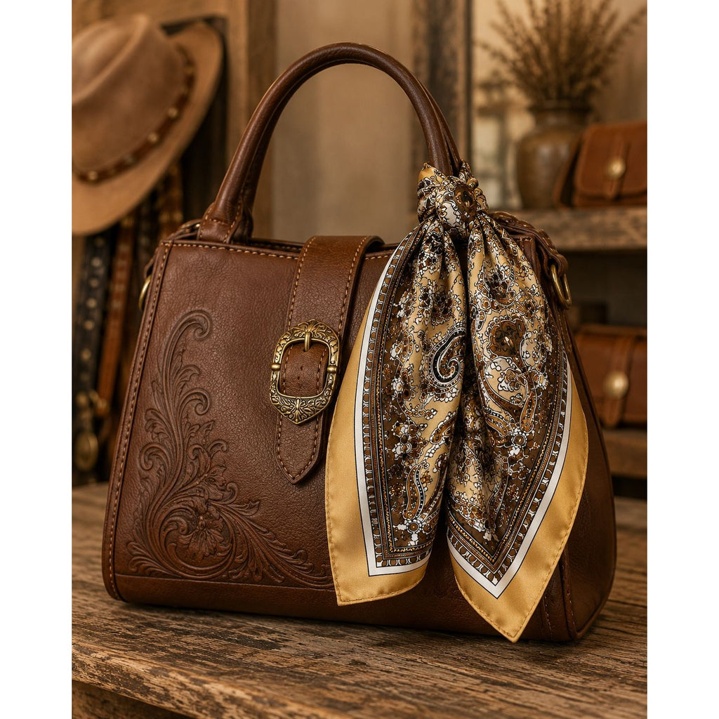 Gold Brown Paisley Wild Rag Scarf 35x35 Satin Western Cowgirl Cowboy Bandana