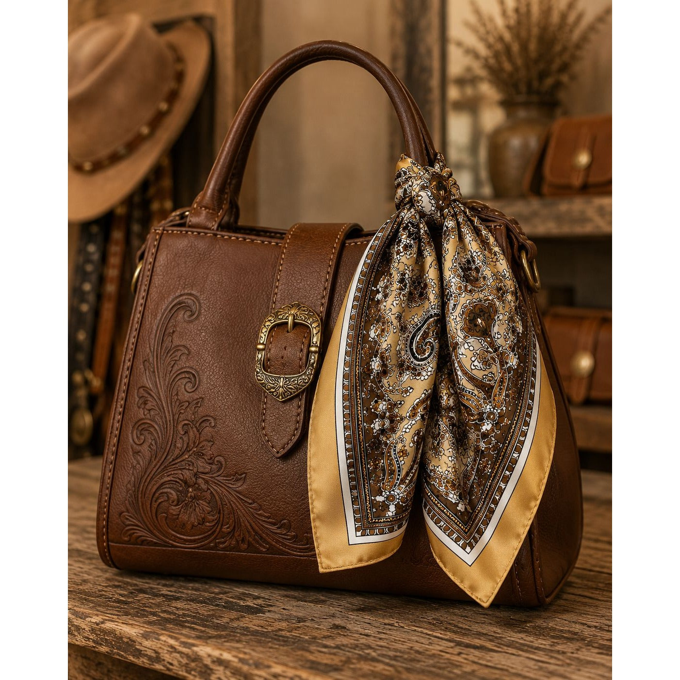 Gold Brown Paisley Wild Rag Scarf 35x35 Satin Western Cowgirl Cowboy Bandana