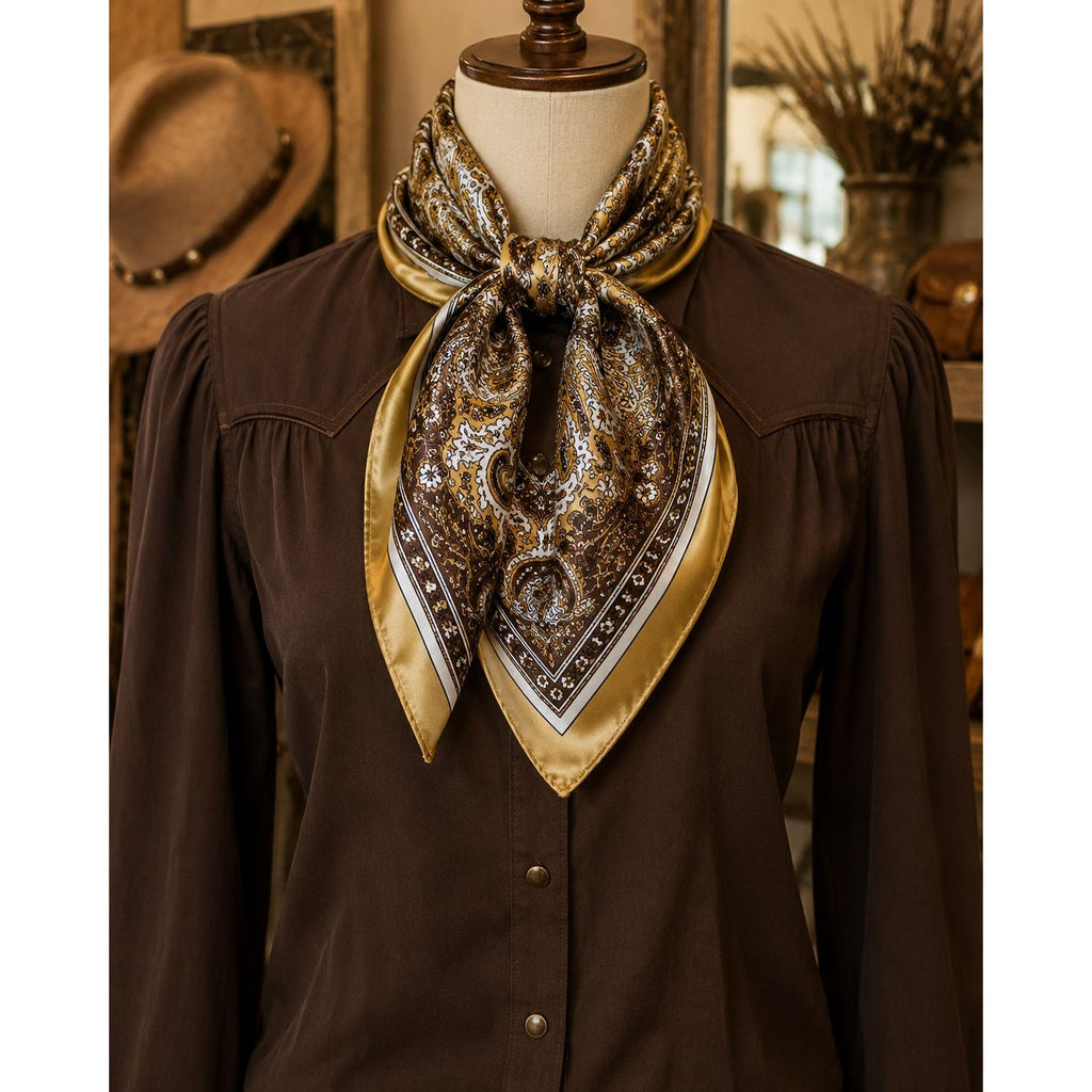 Gold Brown Paisley Wild Rag Scarf 35x35 Satin Western Cowgirl Cowboy Bandana