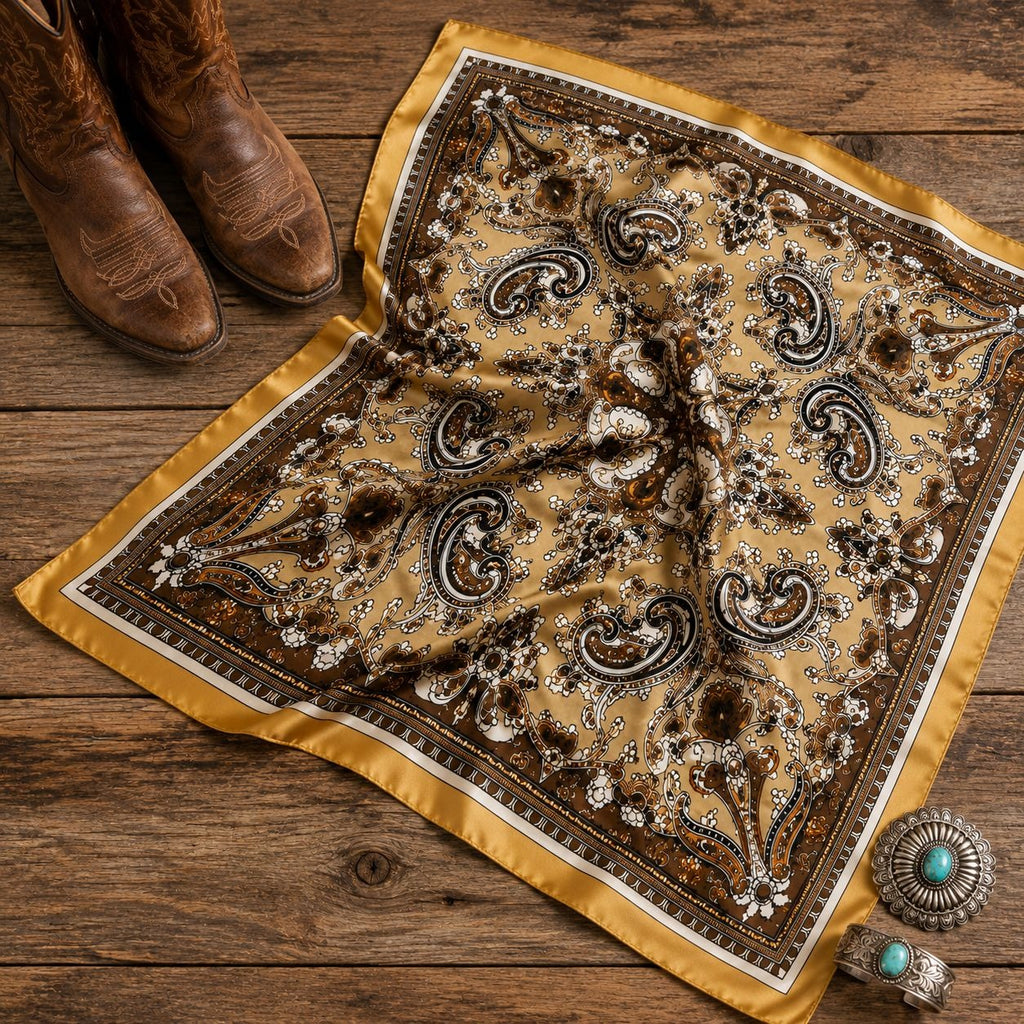 Gold Brown Paisley Wild Rag Scarf 35x35 Satin Western Cowgirl Cowboy Bandana