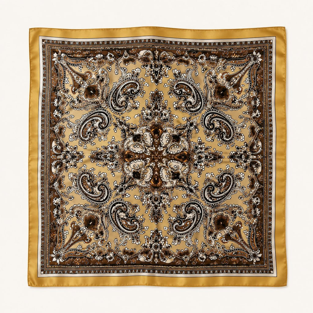 Gold Brown Paisley Wild Rag Scarf 35x35 Satin Western Cowgirl Cowboy Bandana