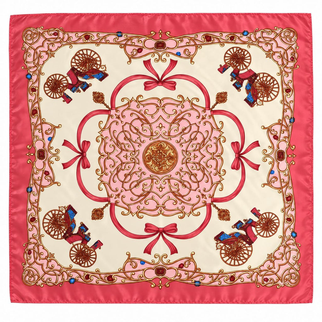 A square silk scarf with a vibrant pink border and a central ornate medallion design in shades of pink, gold, and red, featuring decorative cart motifs in the corners.
