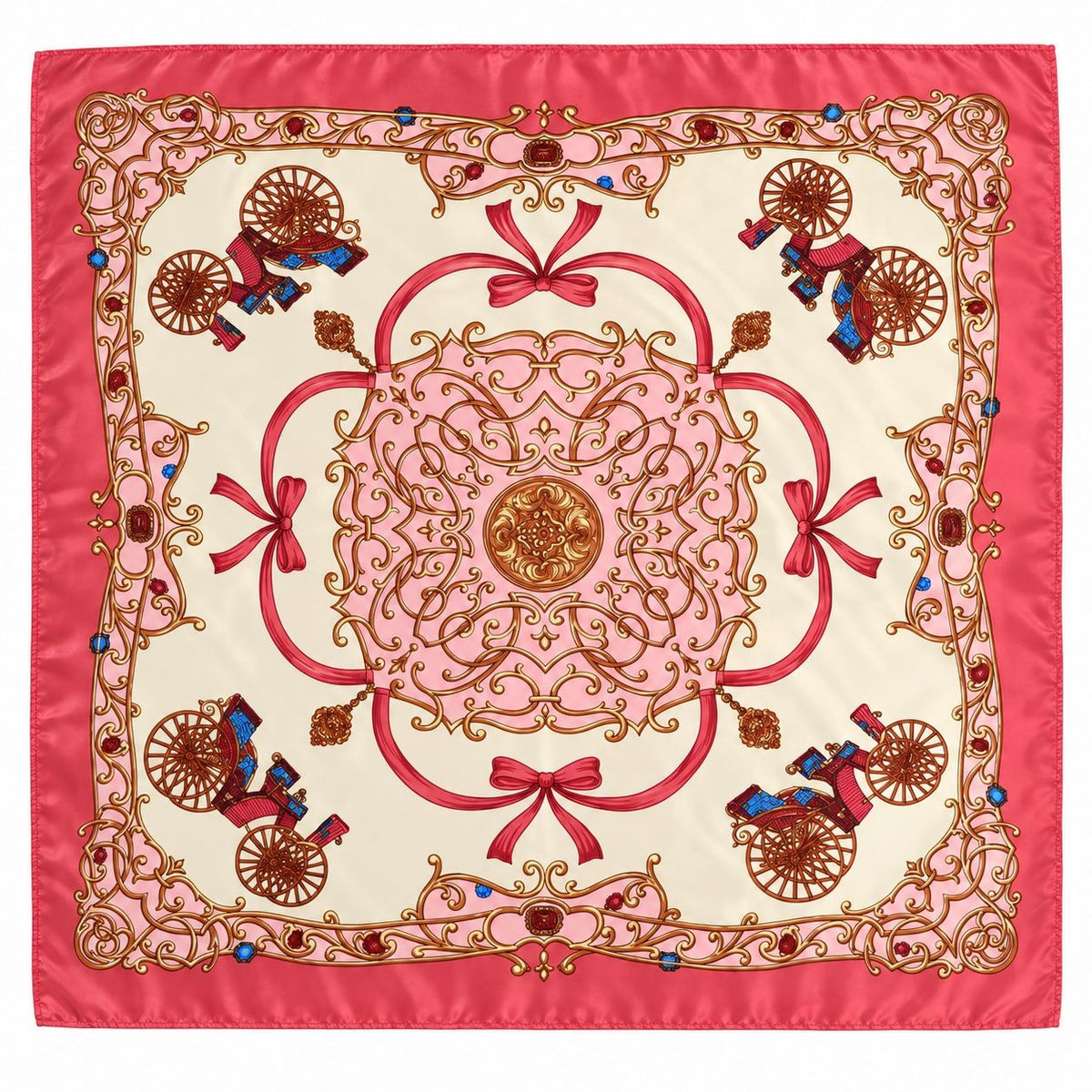 A square silk scarf with a vibrant pink border and a central ornate medallion design in shades of pink, gold, and red, featuring decorative cart motifs in the corners.