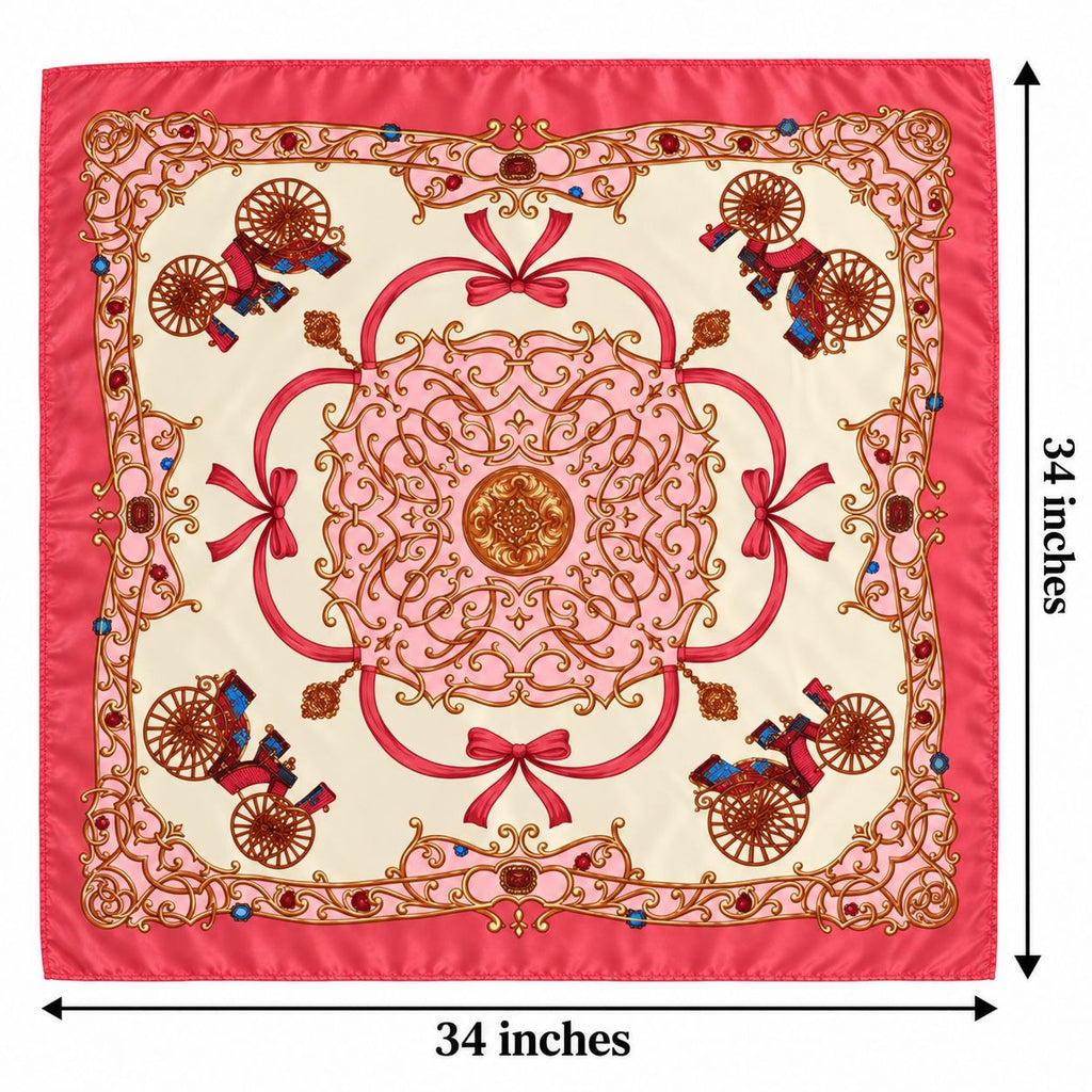 A square decorative scarf or fabric panel shown flat against a white background, with dimension arrows and text indicating 34 inches by 34 inches. The design has a bright pink border, a pale pink central medallion, ornate gold scrollwork, and small carriage motifs with blue and red details.