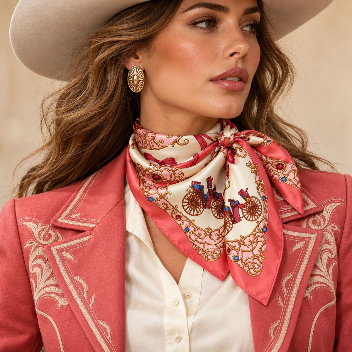 A close-up of a woman wearing a western-style outfit, featuring a coral pink silk scarf with gold and red decorative patterns tied around her neck, a matching coral embroidered blazer, and a cream-colored cowboy hat.