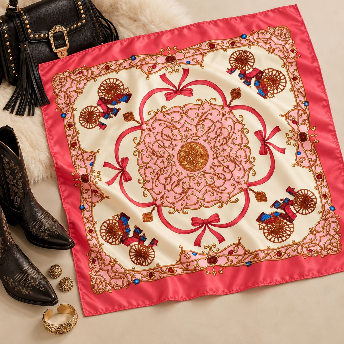 A square satin scarf with a pink border and ornate western-style print, styled flat-lay on a beige surface with boots, jewelry, and a handbag nearby.