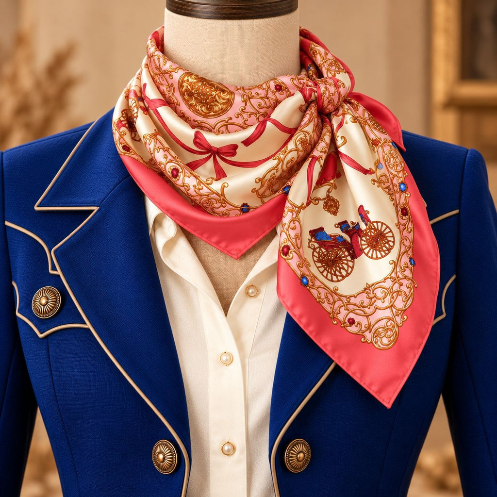 A square silk scarf with a pink and cream background, decorated with gold baroque patterns, red bows, and a horse-drawn carriage illustration, styled on a mannequin wearing a blue blazer and white shirt.