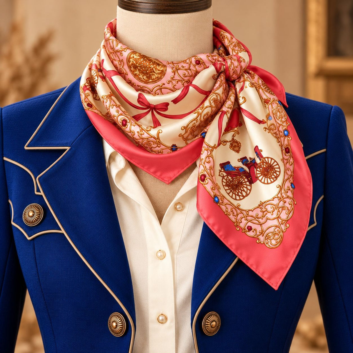 A square silk scarf with a pink and cream background, decorated with gold baroque patterns, red bows, and a horse-drawn carriage illustration, styled on a mannequin wearing a blue blazer and white shirt.