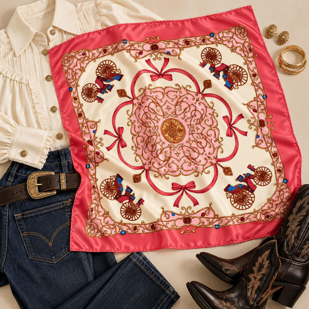 A styled flat-lay featuring a square satin scarf with a pink and cream western-themed design, surrounded by a white blouse, blue jeans, a black belt, and black cowboy boots on a light beige background.