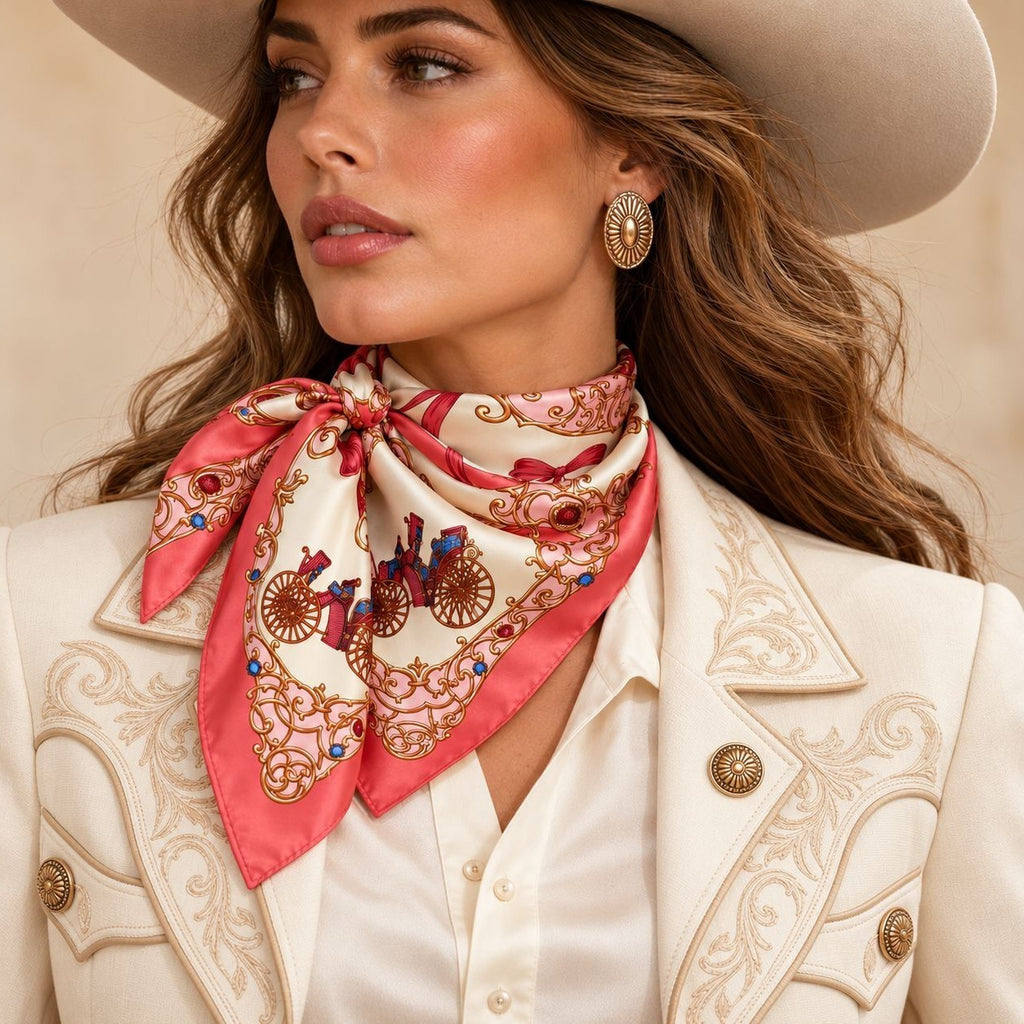 A close-up of a woman wearing a cream western-style jacket and hat, with a pink and gold patterned silk scarf tied around her neck.