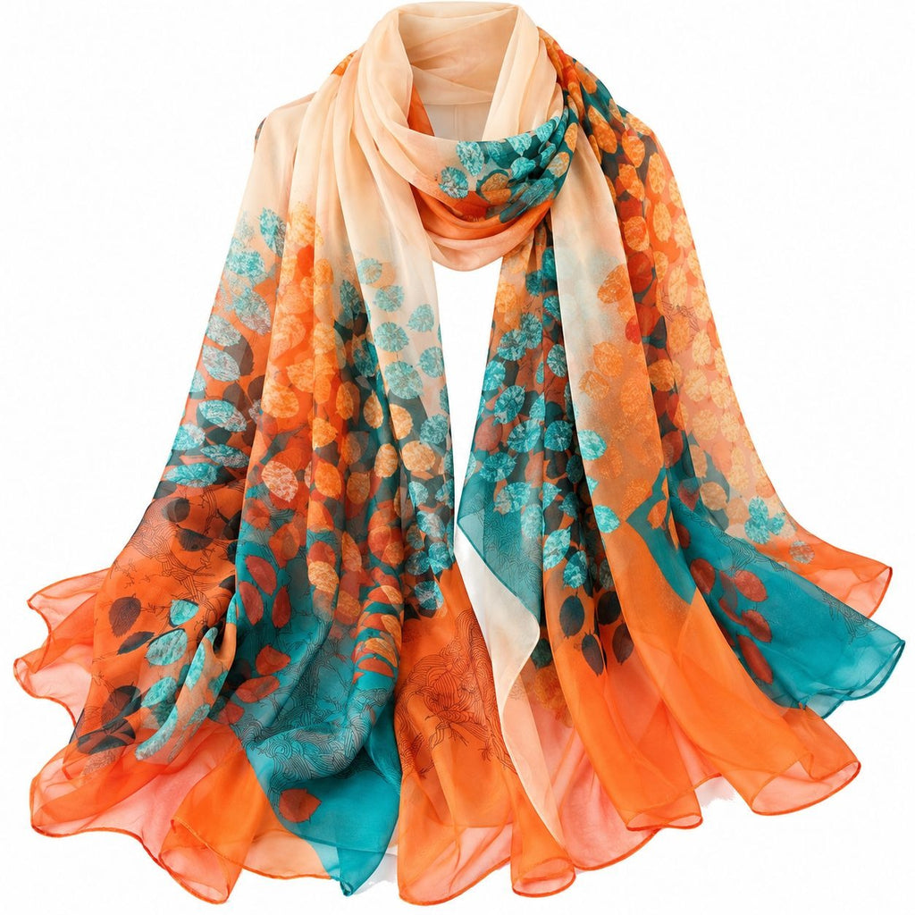 Teal Orange Botanical Chiffon Scarf 70x45 Sheer Rectangular Wrap Shawl