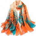 Teal Orange Botanical Chiffon Scarf 70x45 Sheer Rectangular Wrap Shawl