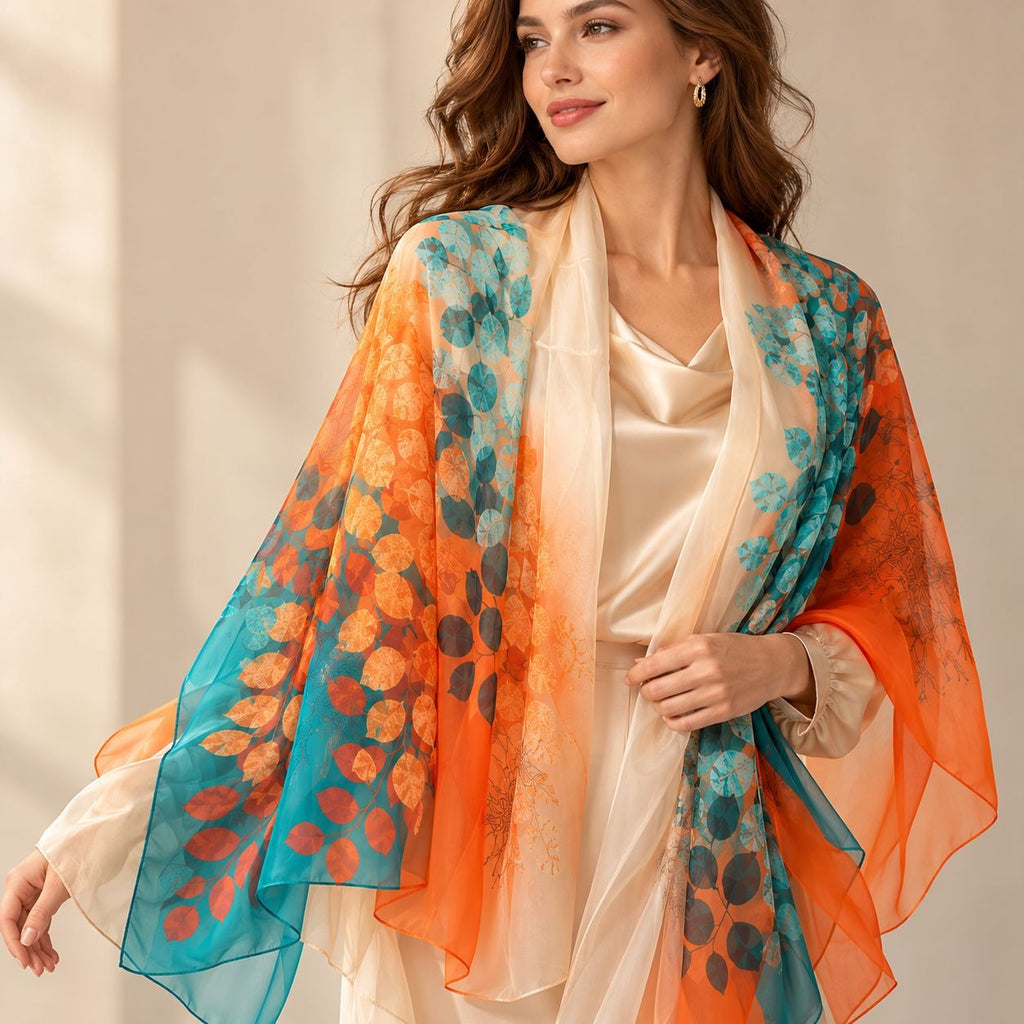 Teal Orange Botanical Chiffon Scarf 70x45 Sheer Rectangular Wrap Shawl