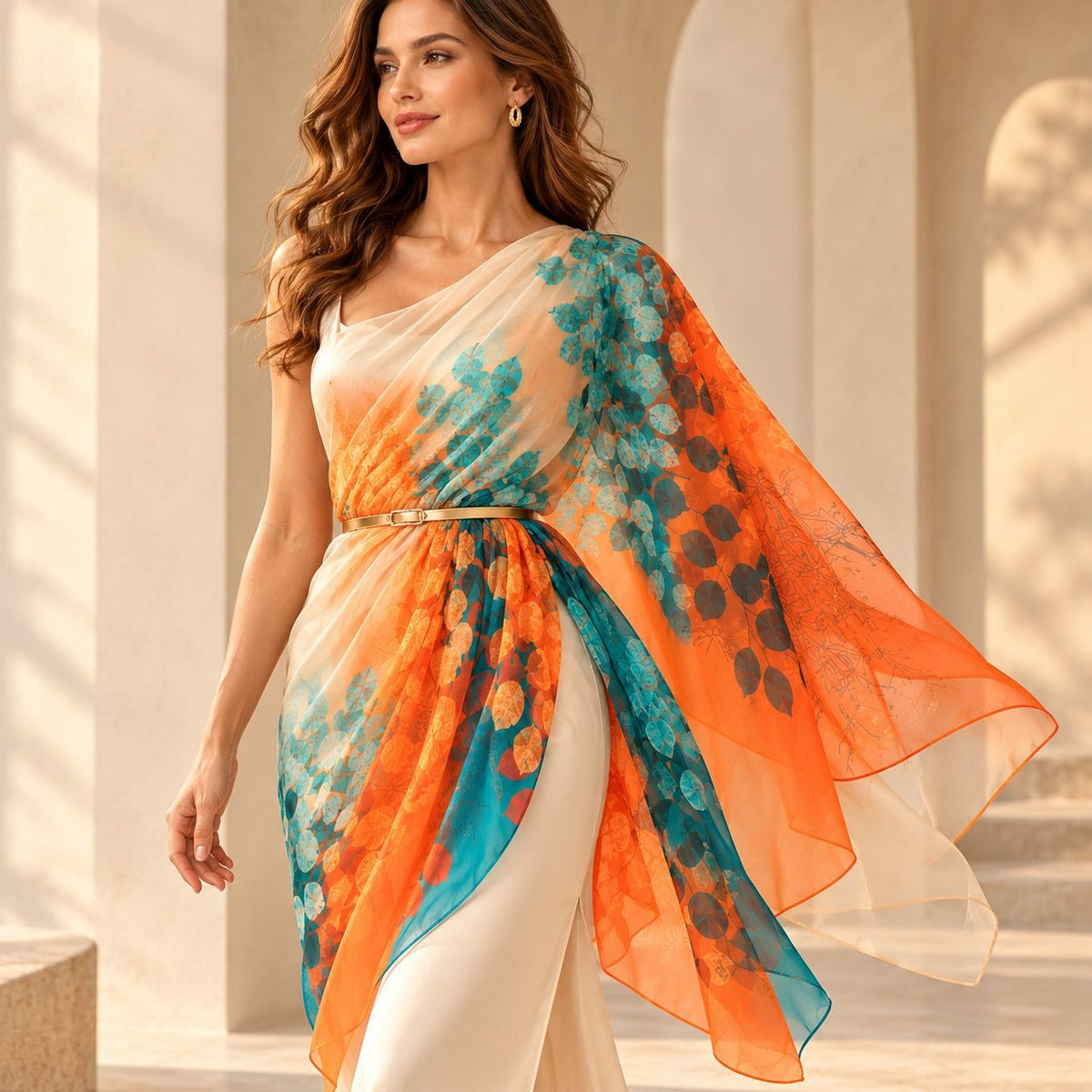 Teal Orange Botanical Chiffon Scarf 70x45 Sheer Rectangular Wrap Shawl