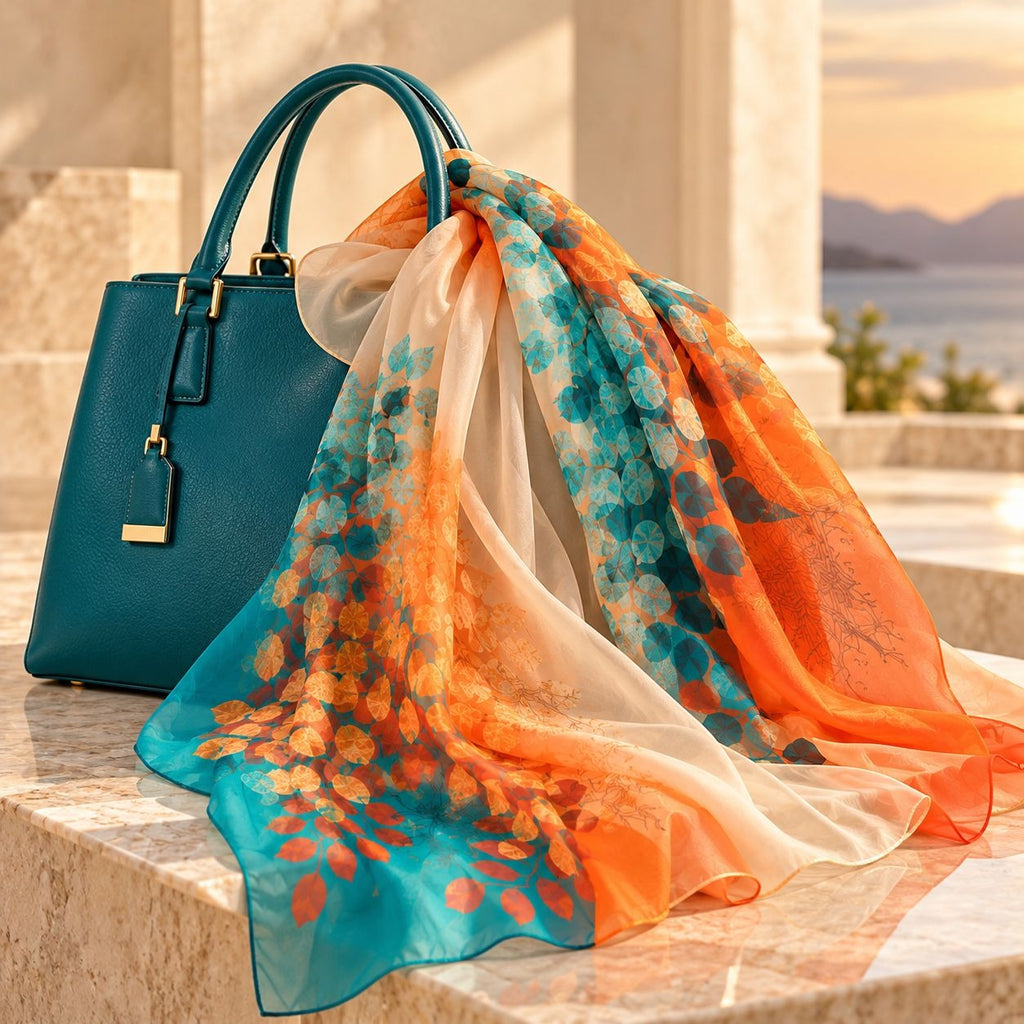 Teal Orange Botanical Chiffon Scarf 70x45 Sheer Rectangular Wrap Shawl