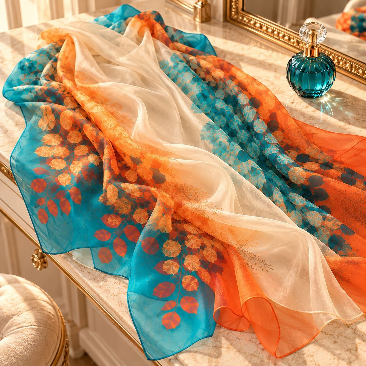 Teal Orange Botanical Chiffon Scarf 70x45 Sheer Rectangular Wrap Shawl