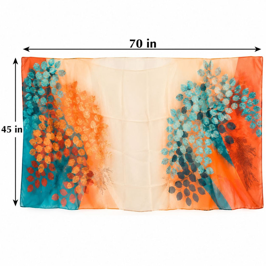 Teal Orange Botanical Chiffon Scarf 70x45 Sheer Rectangular Wrap Shawl