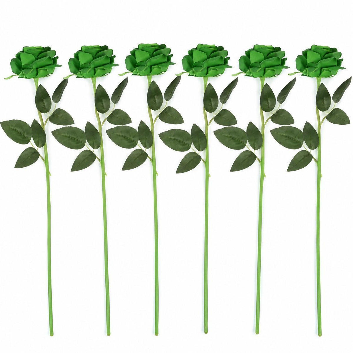 6 Artificial Green Rose Stems, 19 Inch Wired Faux Silk Flowers