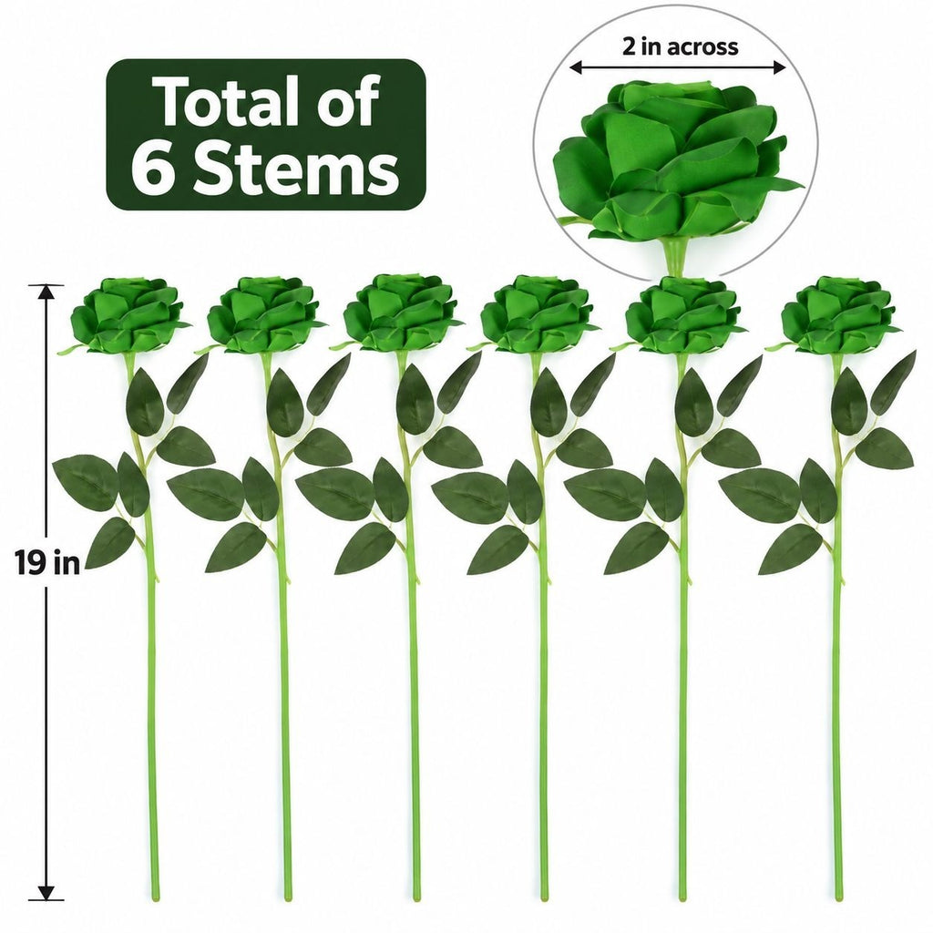 Six green artificial rose stems shown on a white background with measurement labels indicating 19 inches tall and 2 inches across, plus a circular inset close-up of one rose head.