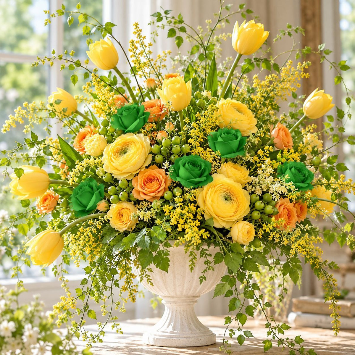 A large floral arrangement in a white pedestal vase, featuring yellow tulips, yellow ranunculus, green roses, orange blossoms, and greenery, set indoors near a bright window.