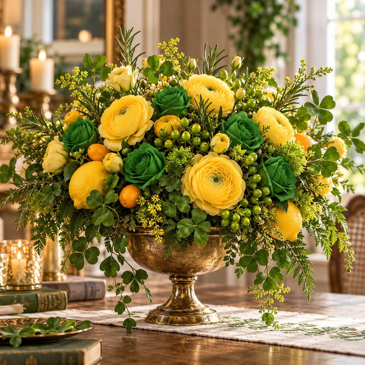 A large artificial floral arrangement in a gold pedestal bowl, featuring yellow ranunculus, green roses, green leaves, and small orange fruits, displayed on a table in an elegant indoor setting.