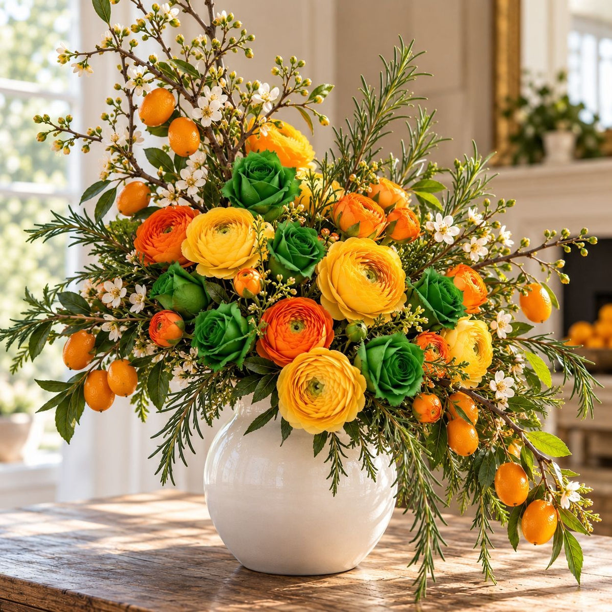 A vibrant floral arrangement in a white ceramic vase, featuring yellow and orange ranunculus, green roses, small white blossoms, and orange fruits, set on a wooden table in a bright room.