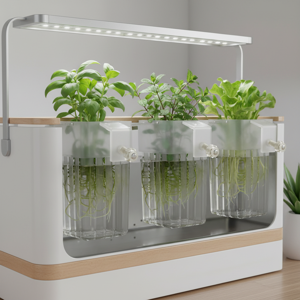 3 Aquarium Plant Holders Half Submerged in Hydroponic Trough